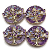 Colorful Tree of Life jewelry making beads with beautiful bright gold branches and delicate enamel leaves in shades of purple, lavender, blue, and white. These decorative 2 Hole Slider Beads feature an elegant round shape with detailed openwork metal designs. Ideal for bracelet making, necklace designs, multi-strand jewelry, and handmade accessories. Unique jewelry findings and focal beads for creating inspirational jewelry, thoughtful gifts, and beautiful nature-inspired jewelry collections.