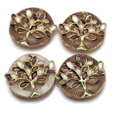 Beautiful Tree of Life 2 Hole Slider Beads featuring delicate enamel leaves in rich chocolate brown, warm topaz, and soft ivory shades. Bright reflective gold branches create an elegant contrast against the brown and pearly ivory circular backgrounds. These decorative focal beads are excellent jewelry making components for handmade bracelets, necklace designs, bead weaving, and inspirational jewelry. Unique beading supplies for beginners, jewelry makers, and experienced artisan designers.