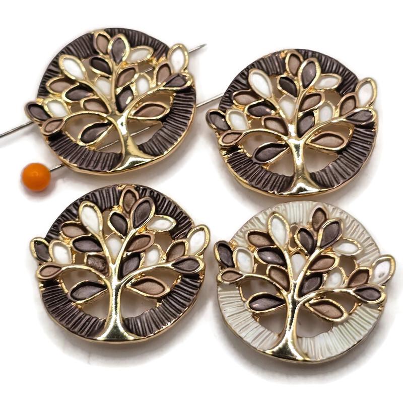 Beautiful Tree of Life 2 Hole Slider Beads featuring dark gray, smoky charcoal, light gray, and soft ivory enamel leaves outlined in bright reflective gold. These round jewelry focal beads showcase complementary charcoal gray and pearly ivory textured circular backgrounds with intricate openwork tree designs. Perfect jewelry making supplies for handmade bracelets, necklace designs, multi-strand jewelry, and creative bead weaving projects featuring  neutral colors and elegant gold accents.