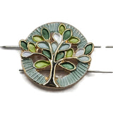 Decorative pastel green Tree of Life 2 Hole Slider Beads with intricate openwork gold branches and colorful enamel leaves in sage, mint, seafoam, light lime, and white. The complementary pale green and pearly white textured circular backgrounds create a soft coordinated appearance. These unique jewelry focal beads are excellent for bracelet making, necklace designs, inspirational jewelry, and handmade gifts.