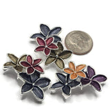 Beautiful assortment of multicolor enamel flower focal beads featuring layered five-petal blossoms in navy blue, burgundy, peach, purple, and muted gray tones. Each decorative jewelry component combines finely textured petals with reflective bright silver metalwork and dimensional overlapping flowers. These 2 Hole Slider Beads are ideal for bracelet making, necklace designs, bead weaving, and coordinated jewelry sets.