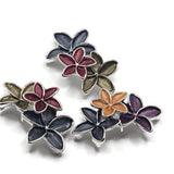 Elegant multicolor flower jewelry-making beads featuring layered floral clusters with deep navy blue, wine burgundy, warm peach, rich purple, and smoky gray enamel blossoms. Highly reflective bright silver outlines define each five-petal flower, while delicate linear textures add depth and visual interest. These decorative 2 Hole Slider Beads are ideal for double-strand bracelets, necklaces, bead weaving, and handmade accessories.