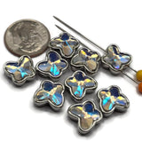 Small Clear AB butterfly slider beads in polished platinum silver settings, measuring approximately 11 mm wide and 10.5 mm tall with 5 mm between the holes. Each decorative bead features a sparkling faceted clear Aurora Borealis butterfly-shaped stone with reflective rainbow highlights. Compact 2 hole jewelry-making focal beads for bead weaving, double-strand bracelets, necklaces, and decorative cuffs.