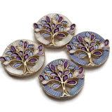 Colorful Tree of Life jewelry making beads featuring intricate gold tree designs with purple, lavender, blue, and white enamel leaves. This mixed color package includes beautiful round focal beads with pearly white and soft blue textured backgrounds. These decorative 2 Hole Slider Beads are ideal for bracelet making, necklace designs, beaded jewelry, and handmade accessories. Unique jewelry findings for creating inspirational jewelry, nature-inspired designs, and thoughtful handmade gifts.