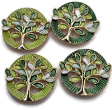 Decorative Green Tree of Life 2 Hole Slider Beads with intricate openwork gold branches and colorful enamel leaves in deep forest green, bright lime, soft mint, and white. The contrasting dark green and lime textured circular backgrounds create a beautiful coordinated appearance. These unique jewelry focal beads are excellent for bracelet making, necklace designs, inspirational jewelry, and handmade gifts. Beautiful beading components and nature-themed artisan jewelry projects.