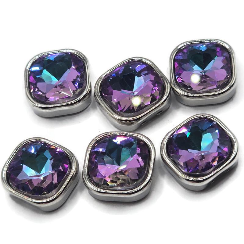 2 Hole Slider Beads Qty 6 Purple Blue Rhinestone Square Silver Bezel Faceted Spacer Jewelry Making Beading Bracelets Necklaces 1028-N7
