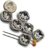 Six beautiful platinum silver rhinestone 2 Hole Slider Beads featuring large faceted square stones with brilliant crystal-clear reflections. The cushion-cut rhinestones showcase sparkling white and silver highlights with subtle rainbow flashes across their reflective surfaces. Smooth polished platinum silver settings provide an elegant metallic border.