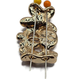 Three bright gold floral butterfly 2 Hole Slider Beads featuring an intricate arrangement of dimensional enamel flowers, delicate butterflies, and shimmering iridescent accents. Rich chocolate brown petals contrast beautifully with warm peach flowers, pale lavender butterflies, and soft white enamel details. Sparkling clear rhinestones add shine to the larger flowers. These decorative jewelry focal beads are ideal for handmade bracelets, botanical necklaces, and bead-woven accessories.