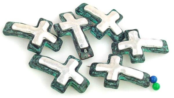 6 Cross Patina 2 Hole Slider Beads  - Great for Jewelry Making! 11146-n10