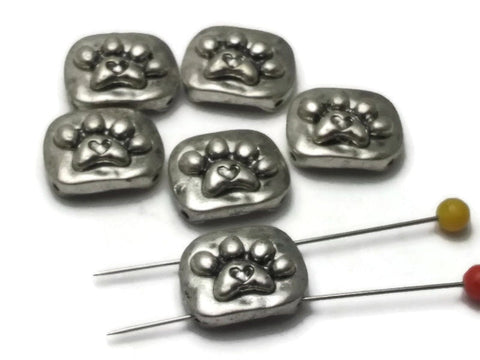 6 Light Pewter Paw Print Impression 2 hole Slider Beads