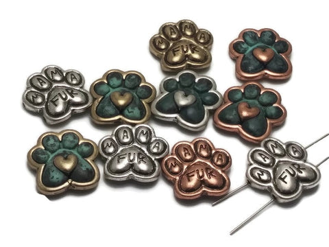 10 Paw Print &quot;Fur Mama&quot; Mixed Metal Spacer Beads Silver 2 hole Slider Beads 134-M18