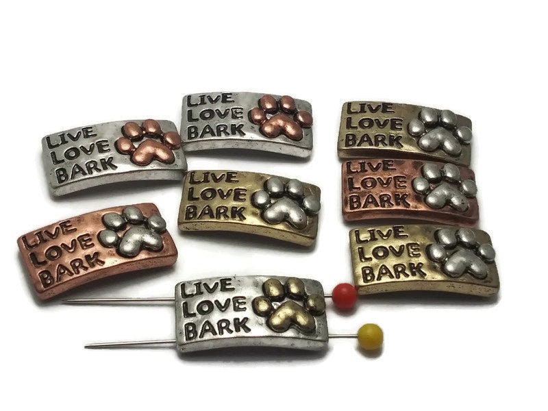 Slider Beads (Qt 8) &quot;Live, Love, Bark&quot;  Beads Silver 2 hole Slider Beads bracelet beads Mixed Metal Beads 122-M5