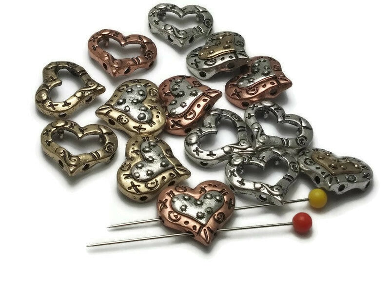 14 Heart Hearts Multi-Metal Beads Silver 2 hole Slider Beads