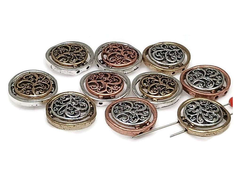 Ornate Beads Filigree Beads (qty 10)  2 hole beads Slider Beads Spacer Beads Focal Metal Beads Bracelet Beads Coin Beads 173-m14