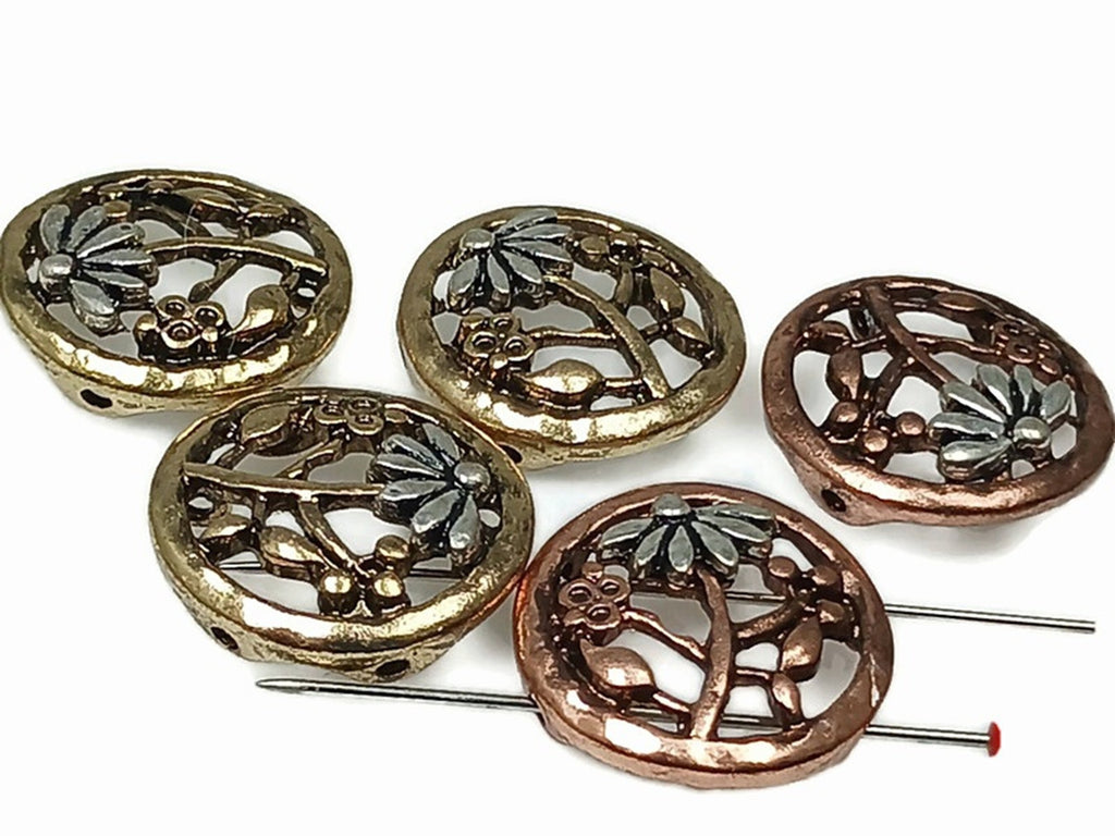 Slider Beads (5 pcs) 2 hole Beads Floral Flower Beads Mixed Metal Round Beads Spacer Beads Silver Filigree Beads Ornate Beads