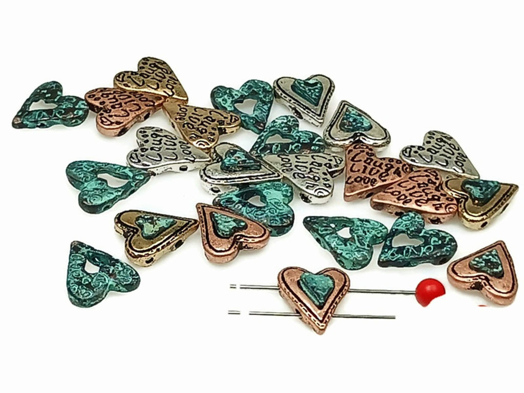 Slider Beads (24 pcs) 2 hole Beads heart Beads Mixed Metal Round Beads Spacer Beads Silver Patina Beads 180-M15