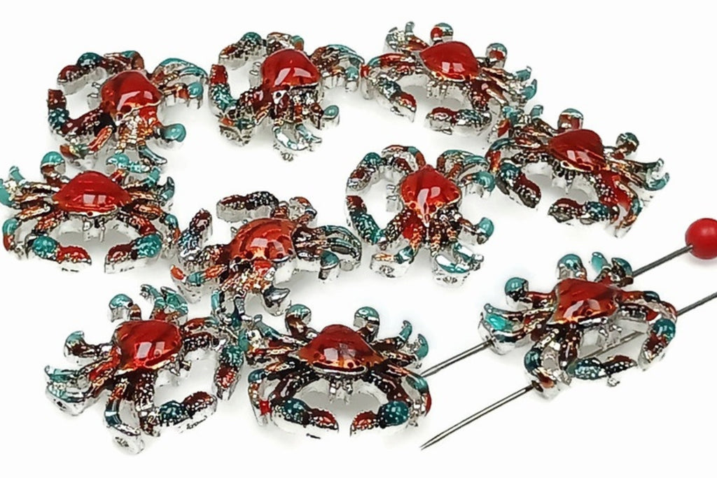 Slider Beads (10 pcs) 2 hole Beads Nautical Beads Crab Beads  Enamel Beads Spacer Beads Silver 200-m14
