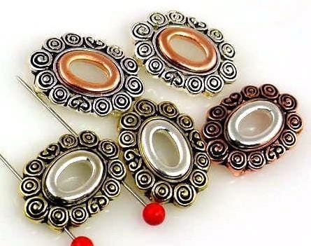 Slider Beads (5 pcs) 2 hole Beads oval beads filigree beads  Spacer Beads Silver