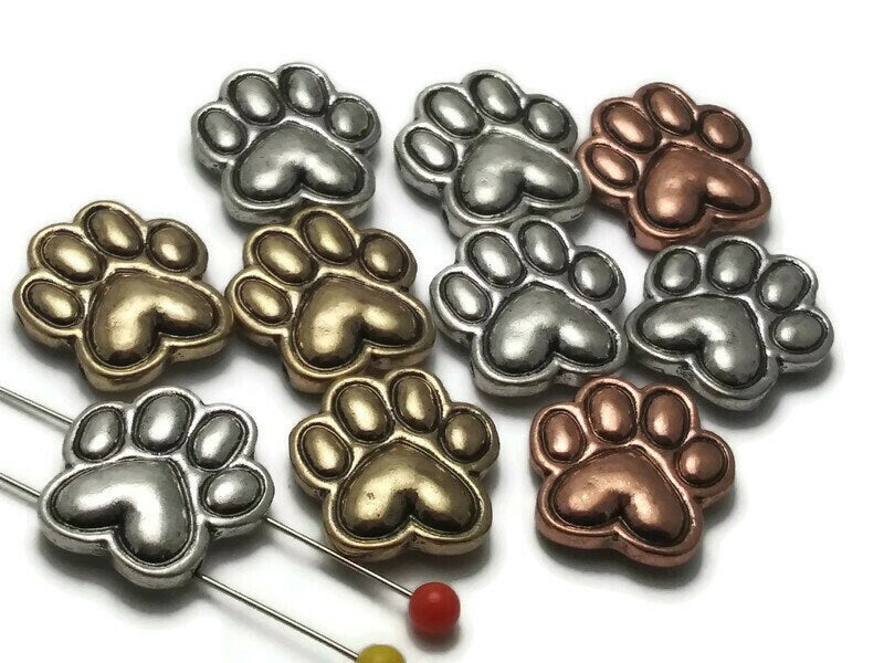 Slider Beads (qty 10) Sliders Sliderbead Two Hole Beads Mixed Metal beads Copper beads Paw Print 2 hole beads