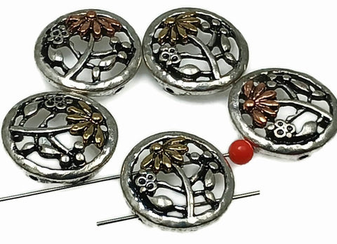 Slider Beads (5 pcs) 2 hole Beads Floral Flower Beads Mixed Metal Round Beads Spacer Beads Silver Filigree Beads Ornate Beads