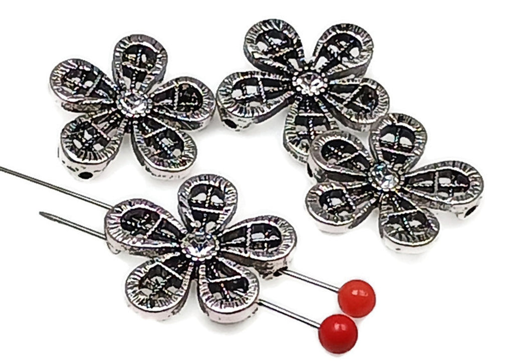 Slider Beads (4 pcs) Rhinestone Beads 2 hole Beads Floral Flower Beads Mixed Metal Spacer Beads Silver Ornate Beads 191-N1
