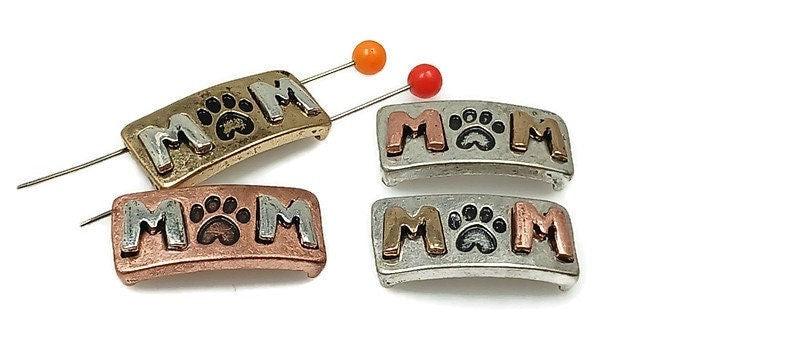 Slider Beads (4 pcs) Dog Mom Beads 2 hole Beads Dog Beads Flat Bracelet Making Beads Mixed Metal Spacer Beads Silver 205-N4