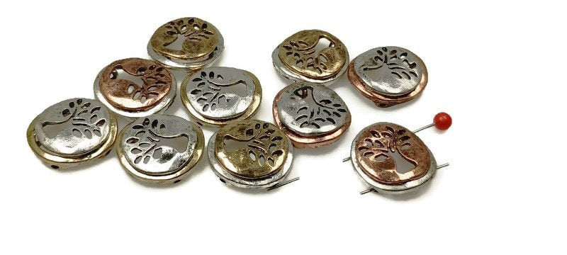 Slider Beads (12) 2 hole slider beads Tree of Life Beads Metal Beads Spacer beads Unique Beads Flat Bracelet Making Beads  213-N1