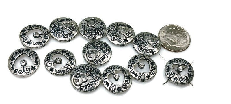 2 Hole Slider Beads (12 pc) Heart Beads Spacer Beads Pewter Beads focal beads Sliderbeads 2 hole beads Rhinestone Beads 286-N12 FST