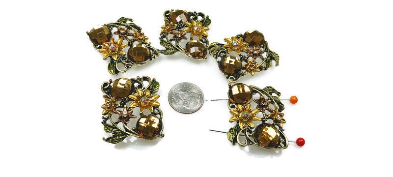 2 hole slider beads (Qty 6) Floral Beads Gold Beads Focal Beads Flowerl Beads Flower Beads Enamel Beads Bracelet Beads  284-M9 FST