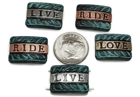 2 Hole Slider Beads (5 pc) Spacer Beads Words &quot;Ride, Love and Life&quot;  Western Beads Sliderbeads Bracelet Beads Flat Beads 341-M14 FST