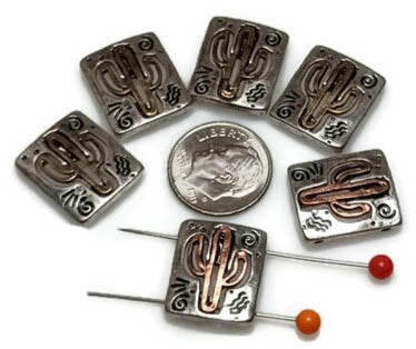 Slider Beads (6 pcs) 2 hole slider Beads 2 hole Beads Cactus Beads Western Beads Spacer Beads Silver Metal Beads 330-M14