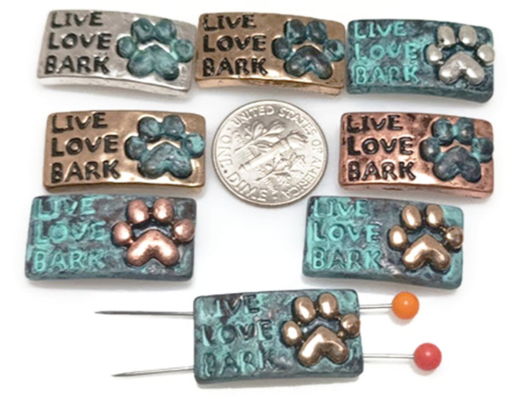 Slider Beads (Qt 8) &quot;Live, Love, Bark&quot;  Beads Silver 2 hole Slider Beads bracelet beads Mixed Metal Beads Dog Beads  379-M11