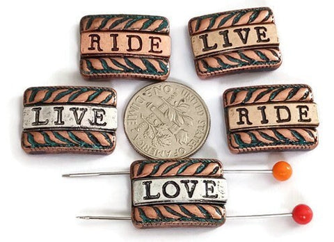 2 Hole Slider Beads (5 pc) Spacer Beads Words &quot;Ride, Love and Life&quot;  Western Beads Sliderbeads Bracelet Beads Flat Beads 407-M1 FST
