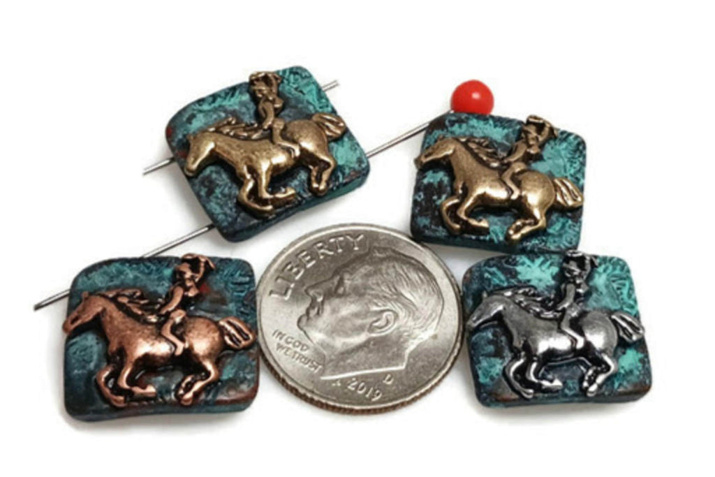 2 hole slider beads (Qty 4) Western Beads Horse Beads Patina Beads Unique Beads Rectangle Beads Silver Beads Bracelet Beads 302-M15 FST