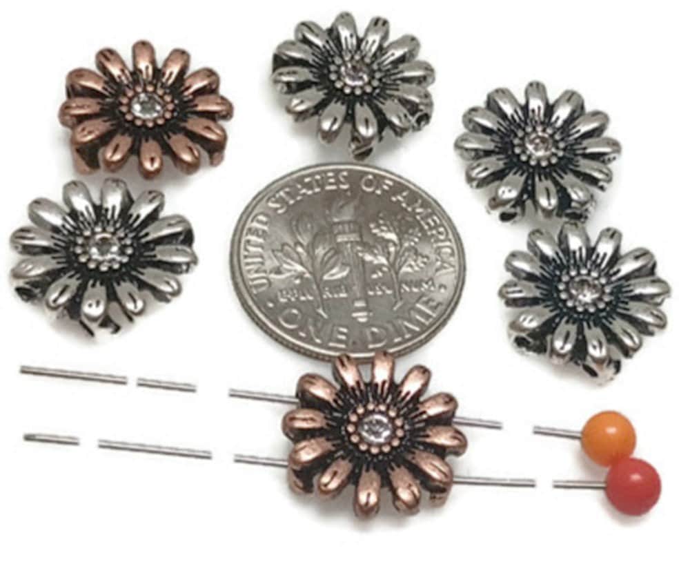 Slider Beads (6 pcs) 2 hole Beads Floral Flower Beads Mixed Metal Spacer Beads Silver Ornate Beads 197-M15