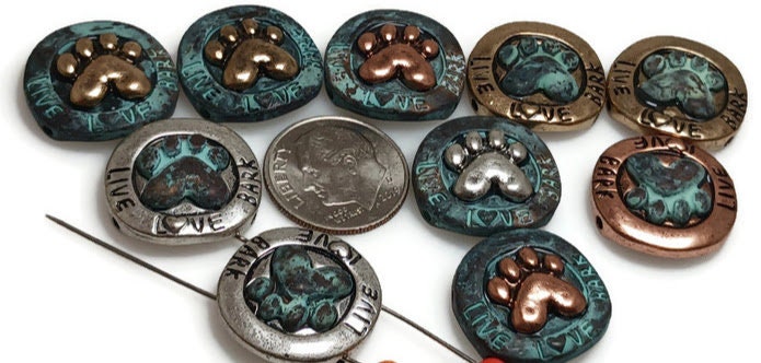 2 hole Slider Beads (Qty 10)  Paw Prints Patina and Mixed Metals for Bracelet Making Designs 454-M7
